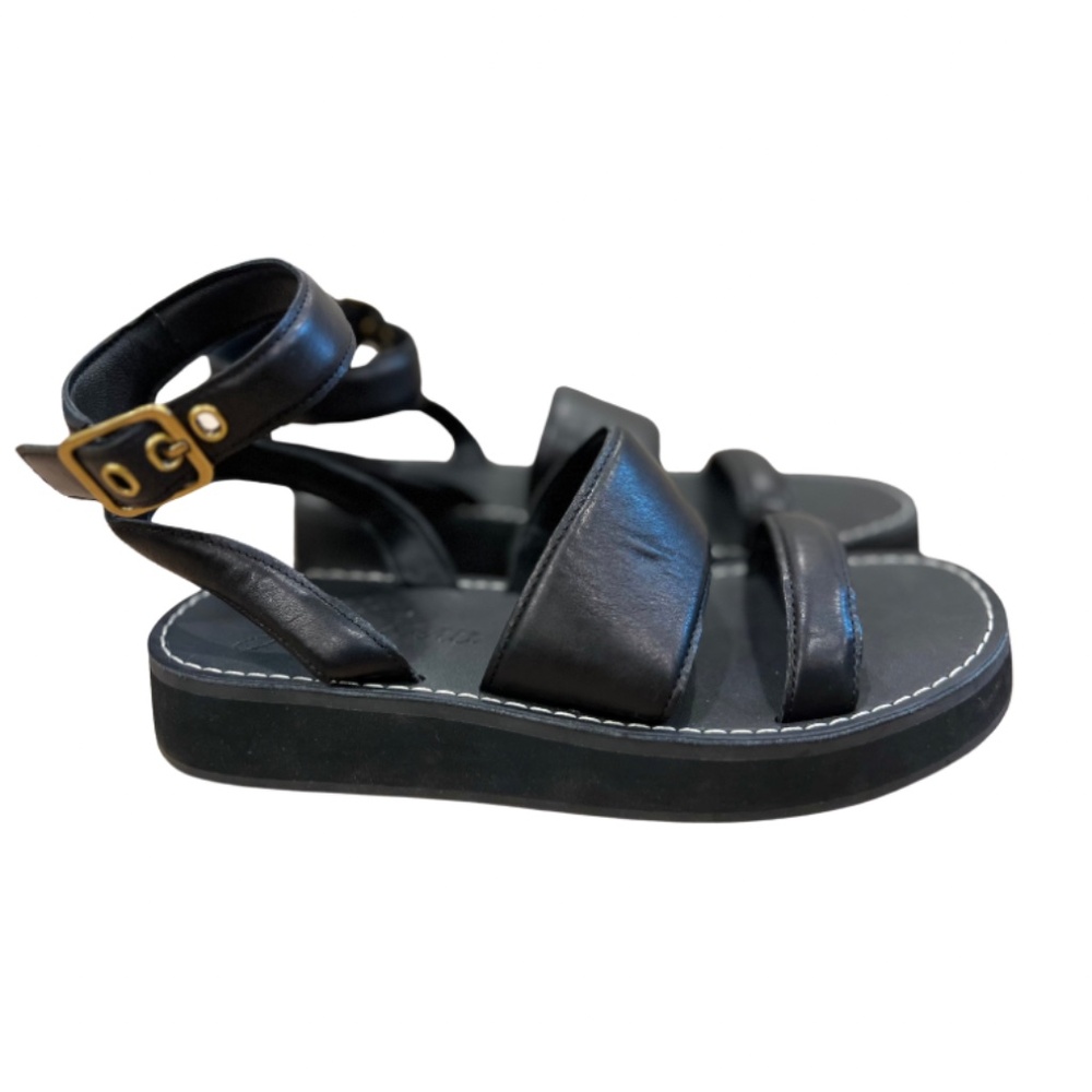 J. Crew Black Leather Ankle Strap Chunky Sandals with Gold Buckle